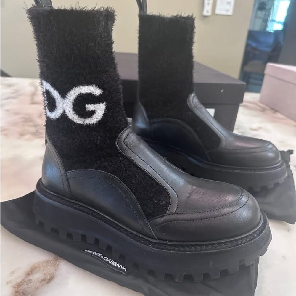 Dolce & Gabbana Black Sock Leather Boots, 37.5